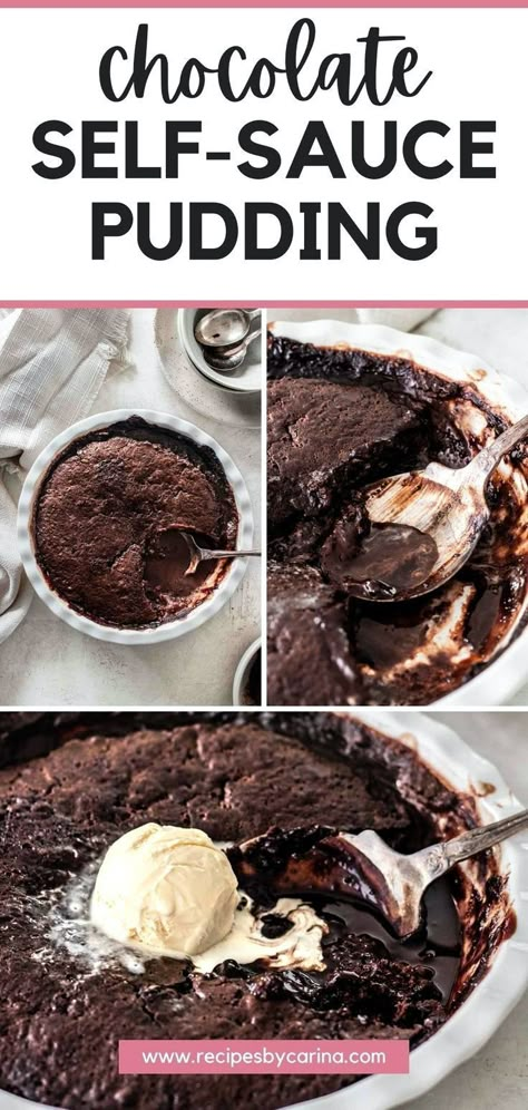 This simple recipe for a Chocolate Self Saucing Pudding is a classic and delicious dessert recipe! Serve it with cream or ice cream. Self Sauce Pudding, Chocolate Self Saucing Pudding, Self Saucing Chocolate Pudding, Quick Puddings, Pub Salad, Evaporated Milk Recipes, Chocolate Pudding Desserts, Chocolate Fantasy, Self Saucing Pudding