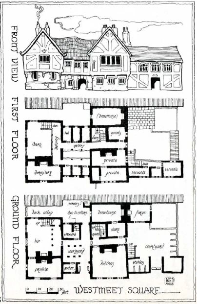 Geoff Wingate, 1984, Map of the Ford Inn, from Imagine 17 2d Floor Plan, Building Map, Tabletop Rpg Maps, Vintage House Plans, Medieval Houses, Rpg Map, Sims House Plans, Dungeon Maps, House Map