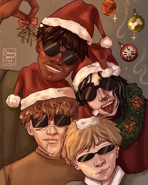 The Marauders Christmas, Harry Potter Christmas Fanart, Wolfstar Christmas, Marauders Christmas, Sirius Remus, Marauders Fanart, Christmas Portrait, Hp Universe, Remus And Sirius