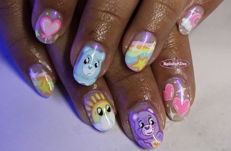 Cartoon Nail Designs Short, Care Bear Acrylic Nails, Care Bare Nails, Care Bear Nail Designs, Carebear Nails Designs, Care Bears Nail Art, Care Bears Nails, Care Bear Makeup, Care Bear Nails