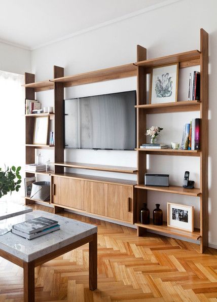 Tv And Bookcase Wall, Tv Wall Decor Ideas, Built In Shelves Living Room, Living Room Wall Units, Tv Wall Decor, Bookcase Wall, Wall Bookshelves, Living Room Shelves, Wall Decor Ideas