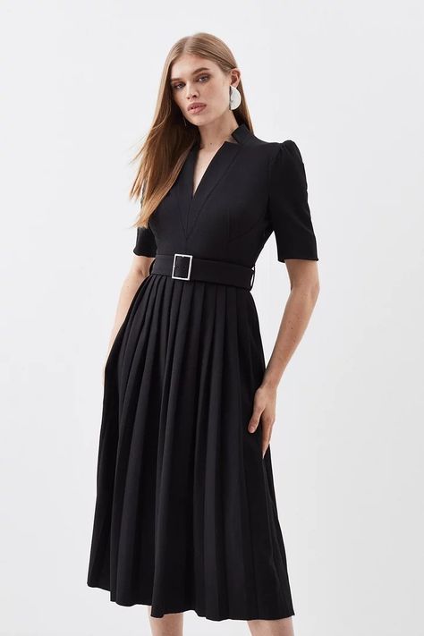 Work Outfits | Business Casual Outfits | Karen Millen Belted Midi Dress, Style Savvy, Tailored Dress, Pleated Midi Dress, Black Midi, Elbow Length Sleeve, Karen Millen, Crepe Fabric, Black Midi Dress