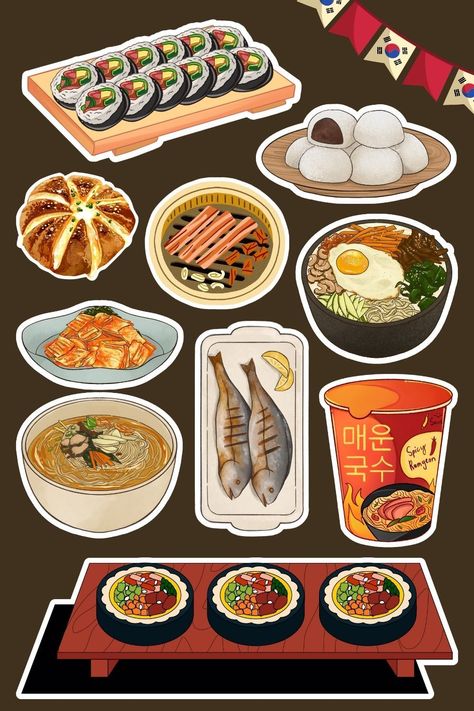 Free Printable Sticker | Korean Food | Weekly Printable Planner By  Jesse Hill Kawaii Korean Stickers Printable, Free Printable Sticker, Free Printable Planner Stickers Kawaii, Vector Stickers, Weekly Printable, Food Vector, Printable Sticker Sheets, Free Printable Planner Stickers, Korean Stickers