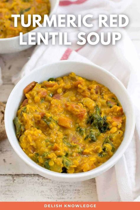 Turmeric Red Lentil Soup - Delish Knowledge Soup Creamy, Plant Based Soups, Vegetarian Soup Recipes, Red Lentil Soup, Nutritious Recipes, Lentil Stew, Vegan Soups, Vegetarian Soup, Entree Recipes