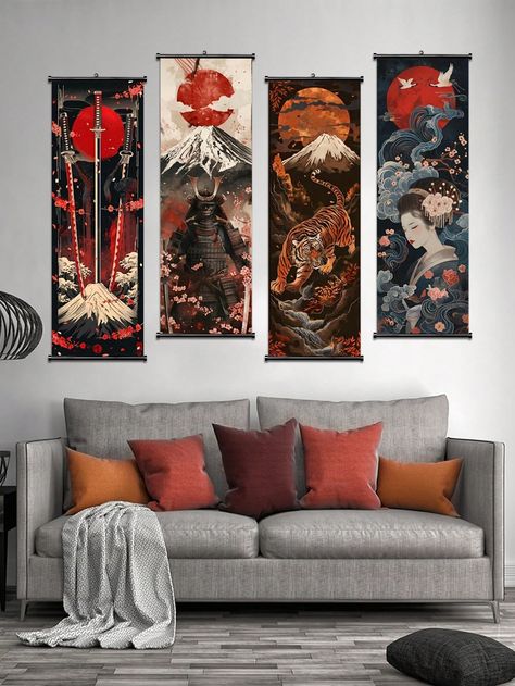 1Pc/4 Pcs Retro Japansese Art Samurai Scroll Canvas Anime Poster Abstract Warrior Japanese Beauty Fujiyama Scoll Wall Painting For Bedroom Living Room Dorm Decor Aesthetic Multicolor Tribal   Chemical Fiber Animal,Graphic,Plants Scroll Painting   Home Decor, size features are:Bust: ,Length: ,Sleeve Length: Japanese Wall Design, Room Decor Bedroom Anime, Anime Decor Bedroom, Room Anime Decor, Asian Zen Interior Design, Dorm Decor Aesthetic, Wall Painting For Bedroom, Zen Interior Design, Anime Home Decor