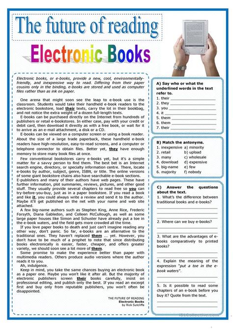 An interesting text that focuses on the increasing importance of e-books. It is followed by several comprehension tasks. - ESL worksheets Esl Reading Comprehension, How To Learn English, Reading Comprehension Texts, Esl Reading, Comprehension Exercises, Reading Comprehension Lessons, To Learn English, Essay Writing Skills, Reading Comprehension Activities