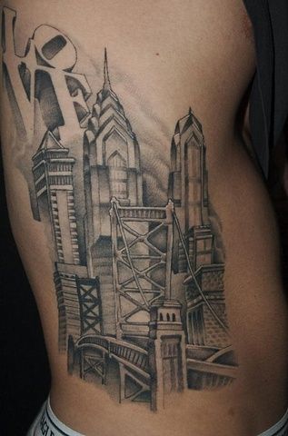 Philadelphia skyline tattoo City Scape Tattoo, City Tattoo Ideas For Men, Philly Skyline Tattoo, Philadelphia Tattoo Ideas, Philly Tattoo Ideas, Philly Tattoo, Philadelphia Tattoo, Eagles Tattoo, Mafia Tattoo