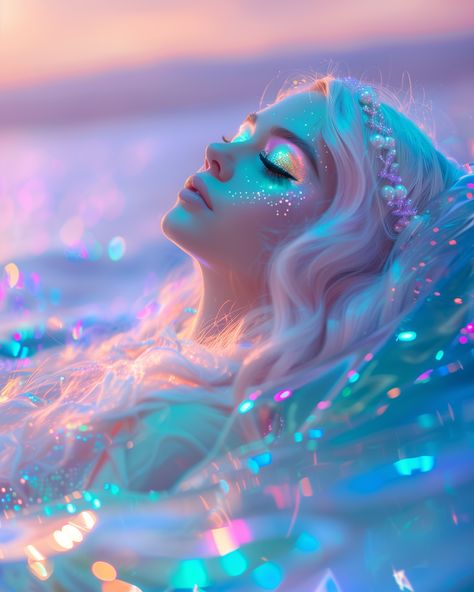 Iridescent Dreams ✨💖 As the sun dipped below the horizon, the Moonlit Maidens wandered along the shore, their long white hair flowing in the breeze and iridescent dresses catching the last rays of light 🌅✨ Care to join the Moonlit Maidens for a sunset spectacle? Happy Weekend 🥂 Love, Marloes #sprinkleofai #iridescent #iridescence #shimmer #holographic #pastel #mermaid #beachvibes #sunset Hair Flowing, Pastel Mermaid, Long White Hair, الفن الرقمي, Iridescent Dress, Rays Of Light, Hair Flow, Fairytale Photography, Mermaid Aesthetic