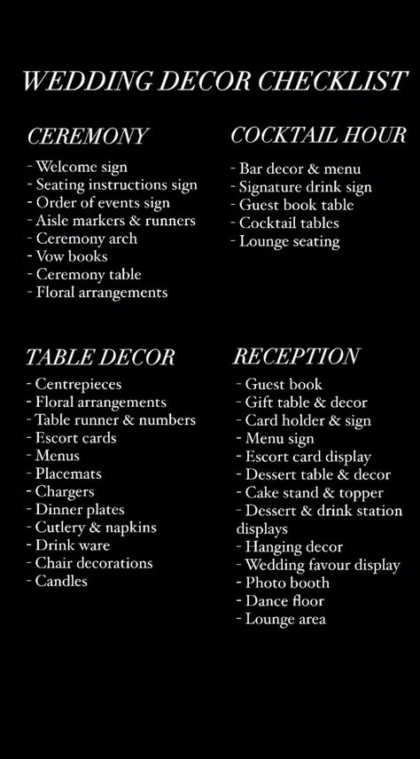 April Wedding Reception Ideas, Vision Board Ideas Wedding Planning, Events Before The Wedding, List Of Things Needed For Wedding, Must Have Wedding Ideas, Nye Wedding Timeline, Decor Needed For Wedding, Mid Day Wedding, Wedding Event List