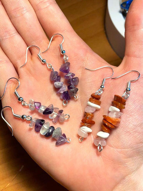 Dangle Crystal Earrings, Crystal Wrapped Earrings, Earrings Handmade Beaded Simple, Homemade Dangle Earrings, How To Make Dangly Earrings, Diy Hanging Earrings, Home Made Earrings Diy, Boho Dangle Earrings, Handmade Crystal Earrings