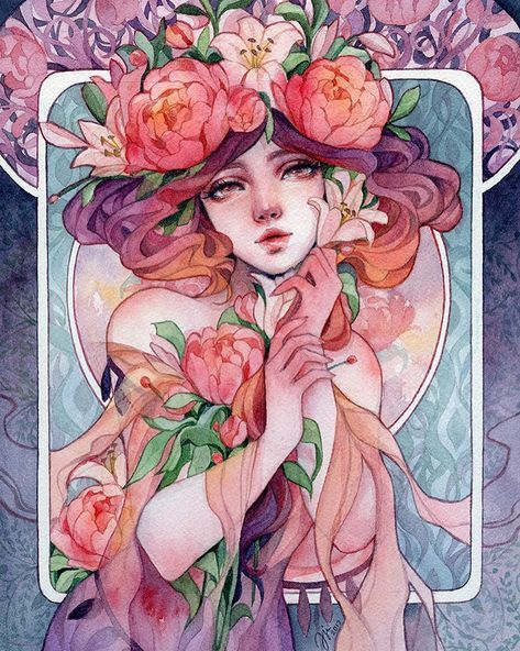 15.2 mil Me gusta, 96 comentarios - Margaret Morales (@margaretmoralesart) en Instagram: "”Blooming of Yvet” My Mucha inspired piece for @futuregallerymi Winter Gala 5 show happening…" Margaret Morales, Flowers In Her Hair, Art Mignon, Have Inspiration, Watercolor Portraits, Watercolor Artist, 그림 그리기, Art World, Amazing Art