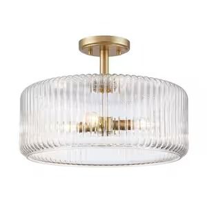 Quartz Quarters 15.75 in. 4-Light Gold Semi-Flush Mount Ceiling Light with Clear Reeded Glass Shade Small Hallway Lighting Ideas Ceilings, Hall Lighting Ideas, Bathroom Lighting Ideas Ceiling, Small Hallway Lighting, Pantry Light, Living Room Ceiling Lights, Glass Flush Mount Ceiling Light, Lighting Flush Mount, Semi-flush Mount Lights