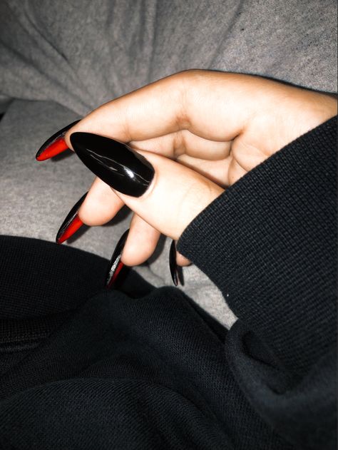 Loubiton Nails, Dark Feminine Nail Ideas, Devils Night Nails, Dark Fem Nails, Black Nails Red Bottoms, Dark Almond Nails Designs, Sharp Almond Nails, Louboutin Nails, Dark Nail Designs