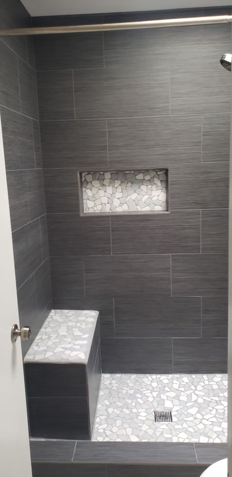 Shower Remodel Gray Tile, Modern Shower Tile Ideas Walk In, Master Shower Dark Tile, Modern Master Shower Tile Ideas, Grey Shower Ideas, Penny Floor Shower Tile, Tile Ideas For Small Showers, Matte Grey Shower Tile, Dark Gray Tile Shower Ideas