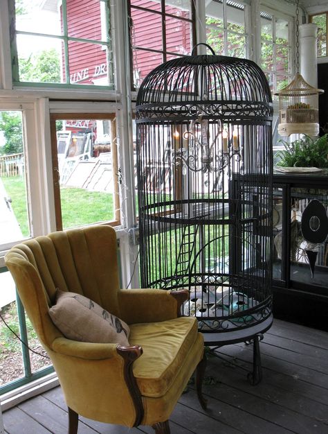 this giant birdcage ~ I shall fill it with stacked old books and a vintage family photo or glass cloche' on the top! Glass Garden House, Bird Cage Design, Antique Bird Cages, The Glass House, Pet Bird Cage, Large Bird Cages, Bird Cage Decor, Casa Country, Vintage Bird Cage