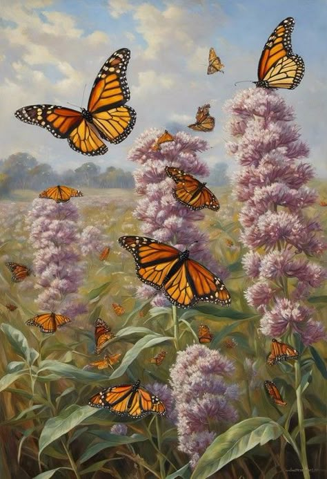 Monarch butterflies milkweed Check more: https://paintlyx.com/monarch-butterflies-milkweed/ Monarch Butterflies Art, Monarch Butterfly Migration, Pictures For Edits, Japanese Countryside, Artwork Aesthetic, Bug Art, Monarch Butterflies, Beautiful Bugs, Color Reference