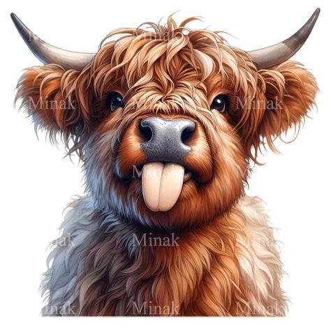 Sticking Tongue Out, Funny Highland Cow, Highland Cow Clipart, Scottish Cow, I Love You Honey, Cow Clipart, Png Illustration, Baby Shower Clipart, Cow Pictures