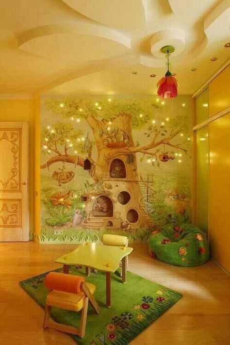 Enchanted forest playroom Tree Mural, Tree Wallpaper, Childrens Room Decor, Woodland Nursery, Kids Playroom, Kid Spaces, Kids' Room, Green Rug, Ceiling Design