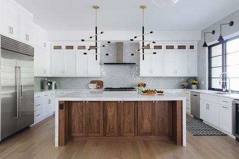 Walnut kitchen island White kitchen featuring an open layout and a stunning Walnut kitchen island Walnut kitchen island #Walnutkitchenisland Walnut Kitchen Island, Waterfall Island Kitchen, Walnut Island, Waterfall Countertop, Small Shower Remodel, Waterfall Island, Walnut Kitchen, Shaker Style Cabinets, White Kitchen Island