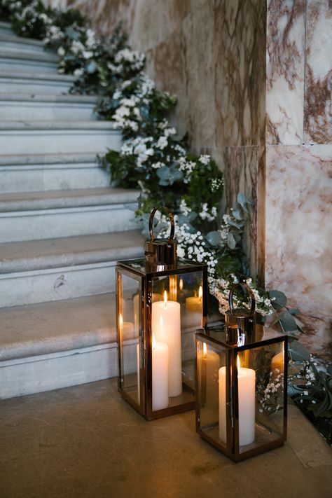 Holkham Hall Wedding, Candles On Stairs Wedding, Wedding Stairs Decoration, Marquee Styling, Lake View Wedding, Venue Entrance, Lantern Pathway, Holkham Hall, Wedding Stairs