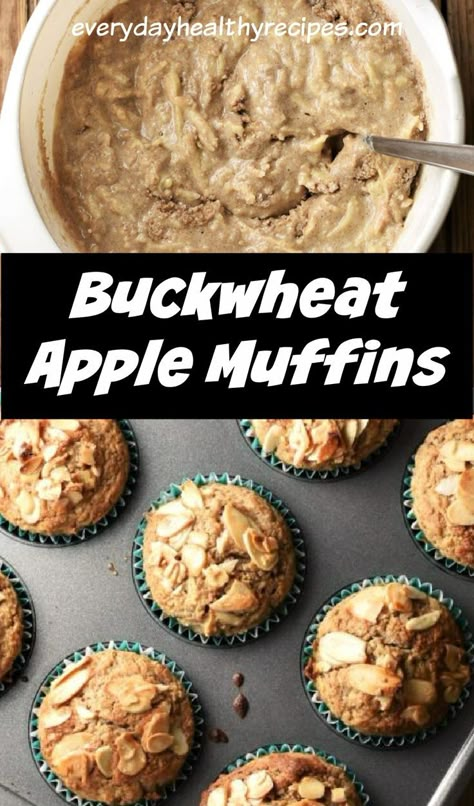 Apple muffin batter in white bowl and buckwheat muffins with almonds on top in pan. Gluten Free Aesthetic, Apple Muffins Gluten Free, Gluten Free Apple Muffins, Croissants Breakfast, Buckwheat Flour Recipes, Buckwheat Gluten Free, Buckwheat Muffins, Apple Muffins Healthy, Glutenfri Baking