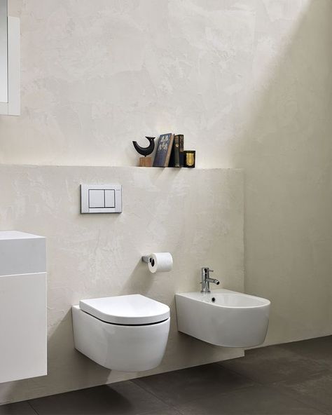 My dream home will have an energy-efficient, dual-flush, wall-hung toilet with matching bidet with built-in dryer, connected to on-demand tankless water heater! But for the small bathroom, a bidet seat attachment on the toilet will do. Wall Mount Toilet Ideas, Wall Mounted Toilet Ideas, Bathroom With Bidet, Toilet And Bidet, Floating Toilet, Corner Shower Stalls, Bathroom Bidet, Minimalistic Bathroom, Minimalist Interior Decor