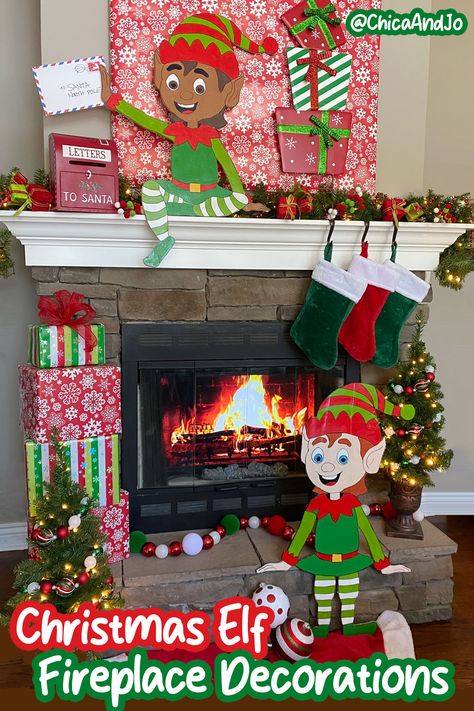 Christmas Elf Fireplace Mantel Elves Workshop Decorations, Decorations For Fireplace Mantel, Christmas Elf Decorations, Diy Christmas Elves, Decorate Your Fireplace, Santa Workshop, Elf Christmas Decorations, Christmas Delights, Village Ideas