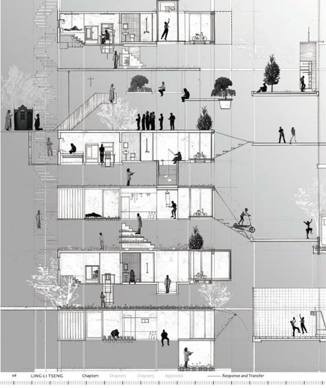 Conceptual Section Architecture, Section Diagram Architecture, Elevation Presentation, Long House Design, Mix Drawing, Section Plan, Ceiling Room, Tu Delft, Cooper Union