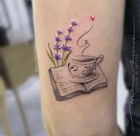 Mom loved to read, drink tea and loved the smell of lavender Colorful Book Tattoo Ideas, Book Floral Tattoo, Book Reader Tattoo Ideas, Book Tattoo Ideas For Women, Rachel Tattoo, Police Tattoos, Tattoos For Readers, Bookworm Tattoo, Writer Tattoo