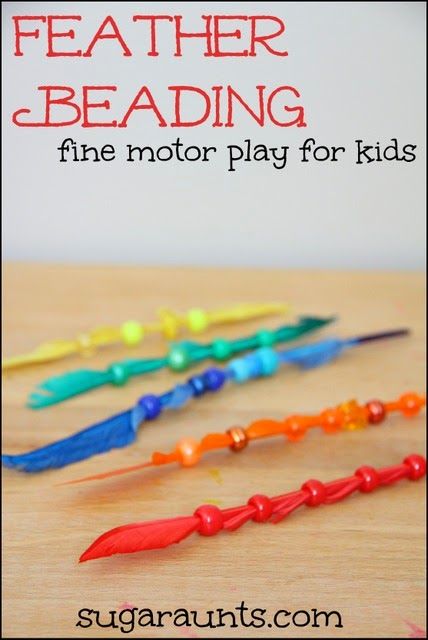 Fine motor activity for kids~threading beads on feathers works on so many developmental skills Feather Beading, Fine Motor Play, Thanksgiving Activities Preschool, Coordination Activities, Color Learning, Bilateral Coordination, Play For Kids, Fine Motor Activity, Fine Motor Activities For Kids