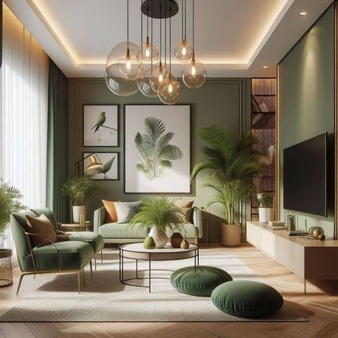 Modern Botanical Interior, Green Theme Interior Design, Soothing Interior Design, Green Black Living Room, Interior Design Green Wall, Living Room Dark Wood Floor, Green Home Interior, Livingrooms Design, Eclectic Furniture