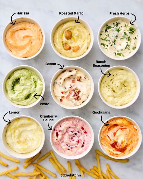 overhead labeled shot of 9 bowls of mayo mixed with different ingredients How To Use Mayonnaise In Food, Pesto Mayo Recipe, Aioli Mayo, Mayo Sauces, Pesto Mayo, Mayonnaise Sauce, Bacon Seasoning, Lemon Pesto, Watercolor Food Illustration