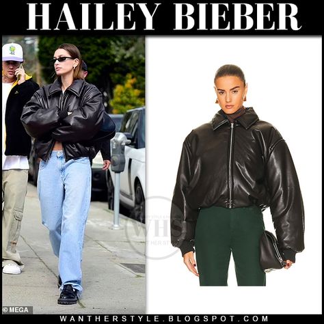 Hailey Bieber in black leather puffer acne studios jacket and jeans Acne Puffer Jacket, Acne Studios Puffer Jacket, Hailey Bieber Puffer Jacket, Puffer Leather Jacket Outfit, Black Leather Puffer Jacket Outfit, Leather Puffer Jacket Outfit, Black Leather Puffer Jacket, Puff Jacket Outfit, Acne Coat