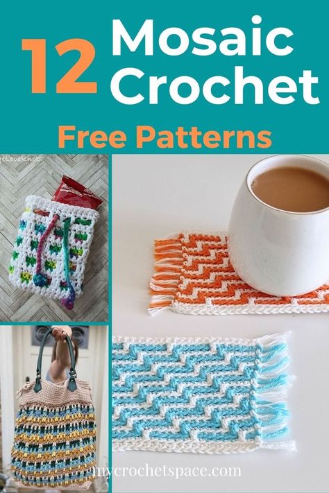 12 stunning mosaic crochet patters - free, with charts! From small and easy mosaic crochet projects to bigger and more intricate mosaic designs. Mosaic crochet blankets, mug rugs, mosaic crochet bag and other amazing patterns! Mosaic Crochet Easy, Mosaic Crochet Coaster Patterns Free, Mosaic Crochet Round, Small Mosaic Crochet Projects, Simple Mosaic Crochet Patterns Free Charts, Mosaic Crochet Mug Rug Patterns Free, Free Mosaic Patterns Crochet, Mosaic Crochet Table Runner Patterns, Mosaic Crochet Projects