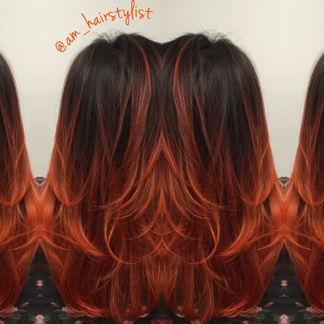 Matrix orange lacquers over a balayage ombre @am_hairstylist @aandahaircare haircolor Black To Orange Ombre Hair, Orange Balayage, Orange Ombre Hair, Dark Ombre Hair, Red Ombre Hair, Warm Scarves, Ombre Hair Extensions, Balayage Ombre, Ombré Hair