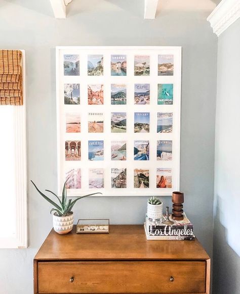 Framebridge on Instagram: “It’s totally okay if we start collecting postcards to recreate this...right? 👀 @mackenzielaurino” Postcard Display Wall, Postcard Design Marketing, Postcard Design Layout, Postcard Display, Wonder Wall, London Bedroom, Postcard Wall, Art Framing, Polaroid Wall