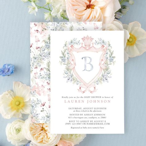 Crown Crest Monogram Pink Blue Baby Shower Invitation Millennial Style, Grand Millennial Style, Blue Baby Shower Invitations, Crest Monogram, Royal Baby Showers, Soft Watercolor, Watercolor Floral Pattern, Baby Invitations, Pink Monogram