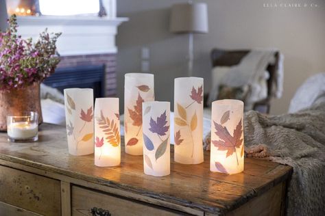 Leaf Luminaries, Diy Fall Candle Holders, Luminaries Diy, Luminary Diy, Fall Candles Diy, Leaf Candle, Lantern Craft, Candle Luminaries, Leaves Candle