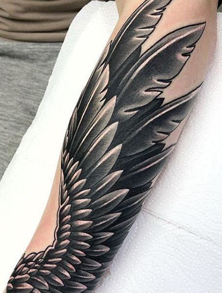 20 Cool Angel Wing Tattoos for Men in 2021 - The Trend Spotter Forearm Wing Tattoo, Wing Tattoo Arm, Wings Tattoo Meaning, Sleeve Tattoos Ideas, Halo Tattoo, Alas Tattoo, Wing Tattoo Men, Wing Tattoos, Black And Grey Tattoo