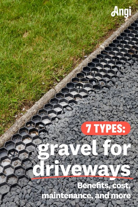 7 types of gravel for driveways with a background of gravel application Gravel Driveway Turnaround Ideas, Crushed Gravel Driveway, Crushed Rock Driveway, Gravel Grid Driveway, Asphalt Driveway Edging Ideas, Easy Driveway Ideas, Crushed Asphalt Driveway, Crushed Stone Driveway, Diy Gravel Driveway