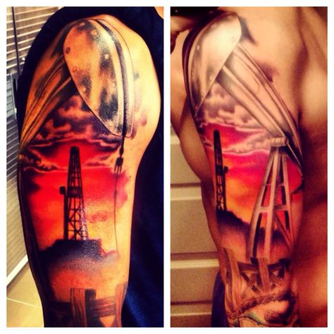 Men's oil field tattoo Oil Well Tattoo, Oilfield Tattoos, Field Tattoo, Well Tattoo, Justin Tattoo, Oilfield Man, Tattoo Oil, Texas Tattoo, Oilfield Life