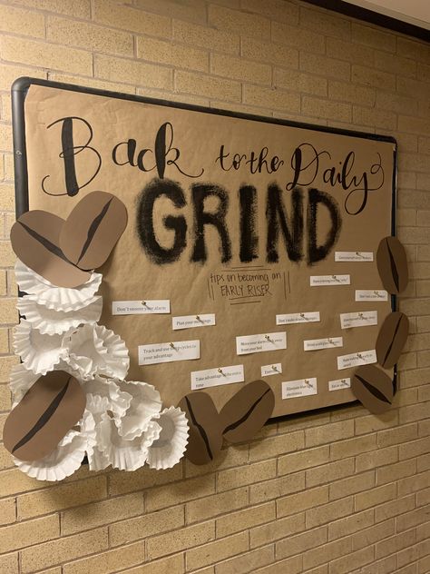 Coffee Ra Bulletin Board, Relaxing Teacher Lounge Ideas, College Doors For Classroom, Coffee Theme Bulletin Board Ideas, Starbucks Door Decs, Back To The Daily Grind Bulletin Board, Coffee Cup Bulletin Board, Cafe Bulletin Board Ideas, Coffee Theme Bulletin Board