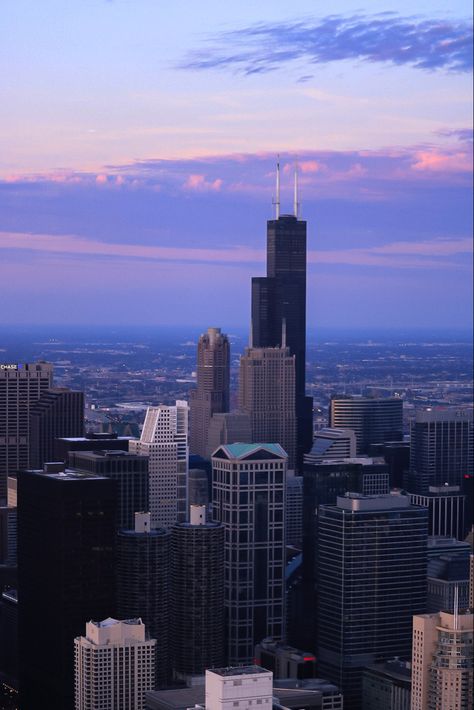 Downtown Chicago’s Sears Tower (willis tower) during a purple-toned sunrise #architecture Twitter Bird, Sears Tower, Chicago Photography, Downtown Chicago, Willis Tower, The City, Chicago, Tower, I Love