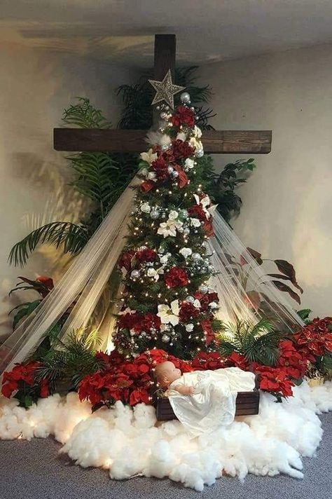 From the cradle to the cross, for a world that is lost.... Church Christmas Decorations, Church Altar Decorations, Christmas Stage, Cross Christmas Tree, Christmas Church, Religious Christmas, Altar Decorations, Christian Christmas, Deco Floral