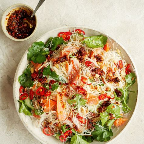 Smoked Trout Noodle Salad with Coconut Cream and Lime Dressing Trout Salad, Trout Recipes, Steamed Mussels, Prawn Cocktail, Smoked Trout, Papaya Salad, Lime Dressing, Noodle Salad, Roasted Salmon