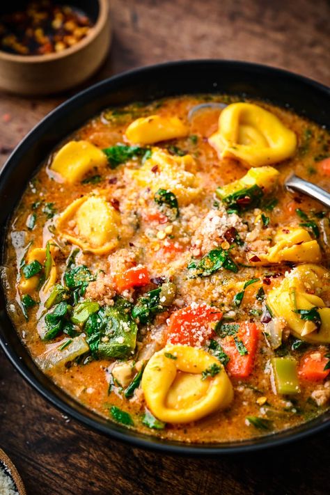 Vegan Tortellini, Cheesy Tortellini, Vegan Vegetable Soup, Crowded Kitchen, Sausage Tortellini Soup, Chowder Soup, Vegan Italian, Sweet Italian Sausage, Vegan Sausage