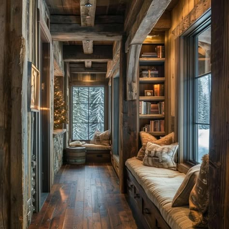 Dream Library Cozy, Book Nooks Cozy Home Libraries, Cozy Reading Nook Ideas, Rustic Reading Nook, Mountain Home Bedroom, Rustic Wood Flooring, Cozy Reading Chair, Casa Hobbit, Window Seat Design