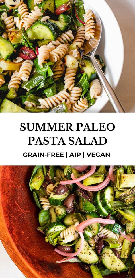 This easy AIP/Paleo Pasta Salad is the perfect summer side! It combines crunchy, herby vegetables with grain-free pasta and a tangy homemade vinaigrette. It’s gluten-free, dairy-free, vegan, and so delicious. #healmedelicious #aip #paleo #aiprecipes #paleorecipes #aipdiet #autoimmunepaleo #aipprotocol #autoimmunedisease #glutenfree #vegan #pastasalad #paleopastasalad #easyrecipes #campingmeals #dairyfree #summerrecipes #summersides #memorialday #bbqsides #dinnerideas #dinnerrecipes Aip Recipes Lunch, Aip Lunch, Aip Sides, Grain Free Pasta, Paleo Pasta, Dairy Free Salads, Homemade Vinaigrette, Vegan Pasta Salad, Autoimmune Paleo Recipes