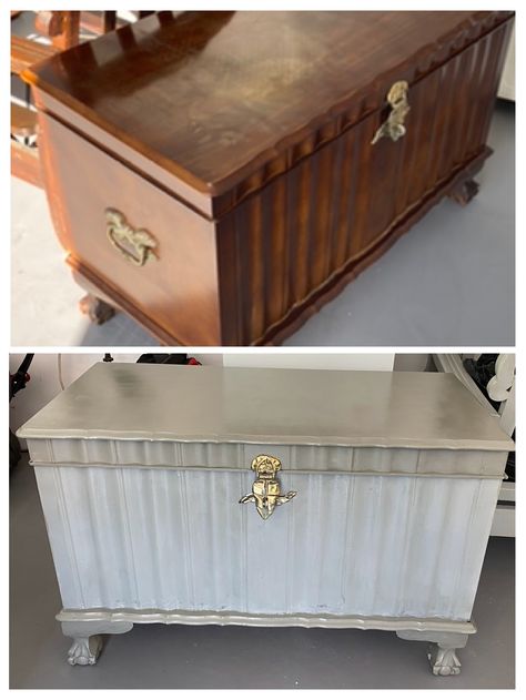 Credenza Makeover, Chest Makeover, Restoring Old Furniture, Painted Trunk, Storage Benches, Trunks And Chests, Furniture Painting Techniques, Old Chest, Wooden Storage Boxes