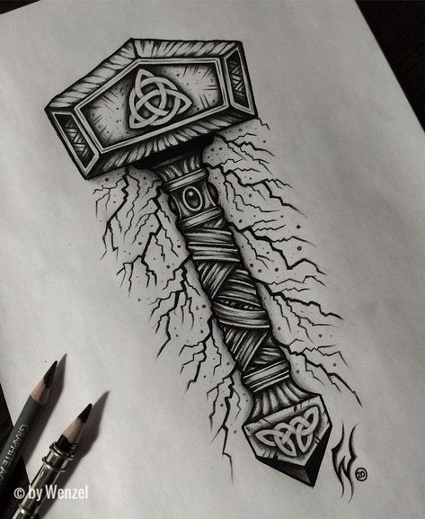 Thor Hammer Tattoo, Mjolnir Tattoo, Valhalla Tattoo, Viking Drawings, Viking Tattoos For Men, Thor Tattoo, Hammer Tattoo, Viking Warrior Tattoos, Norse Mythology Tattoo